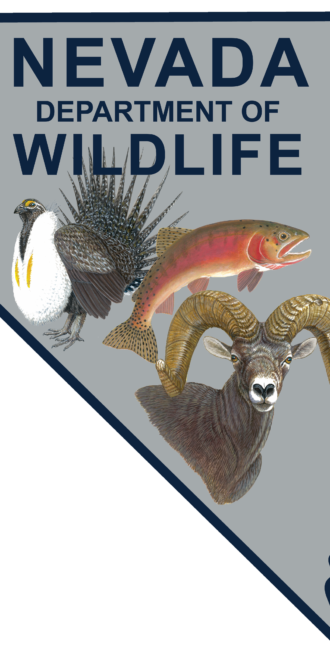 Nevada Department of Wildlife logo within the shape of the state of Nevada there is a big horn sheep, a sage grouse and a Lahonton Cutthrout Trout